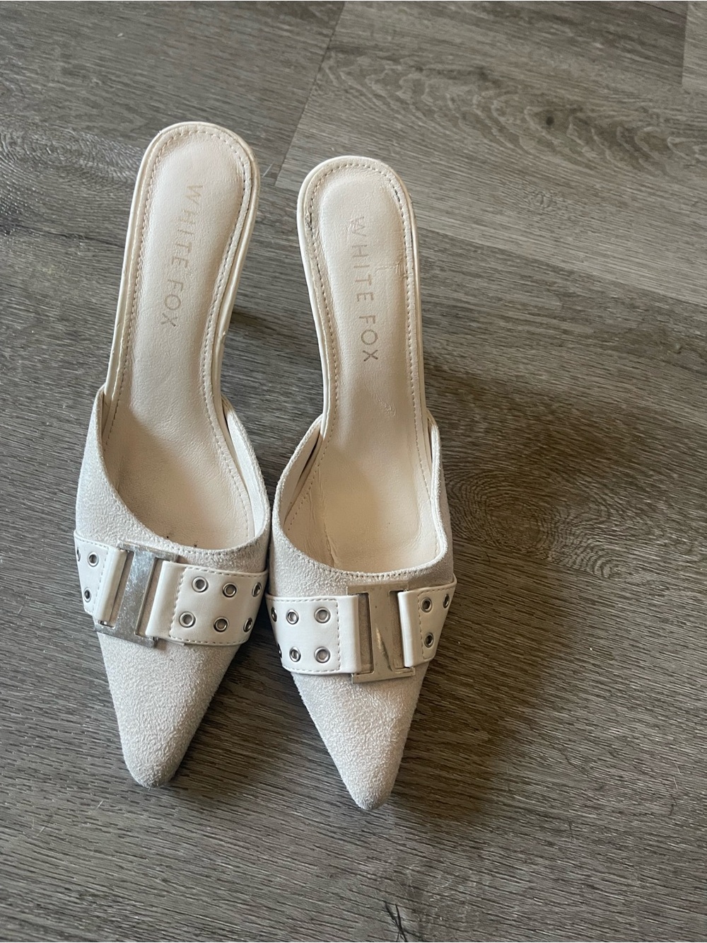 White Fox Boutique Cream Pointed Mule Slides with Buckle Trim Have Some Rubs